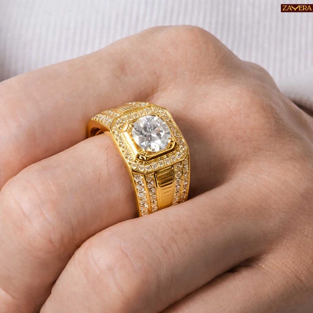 Zavera Gold Plated Royal Square Halo Men's Statement Adjustable Ring