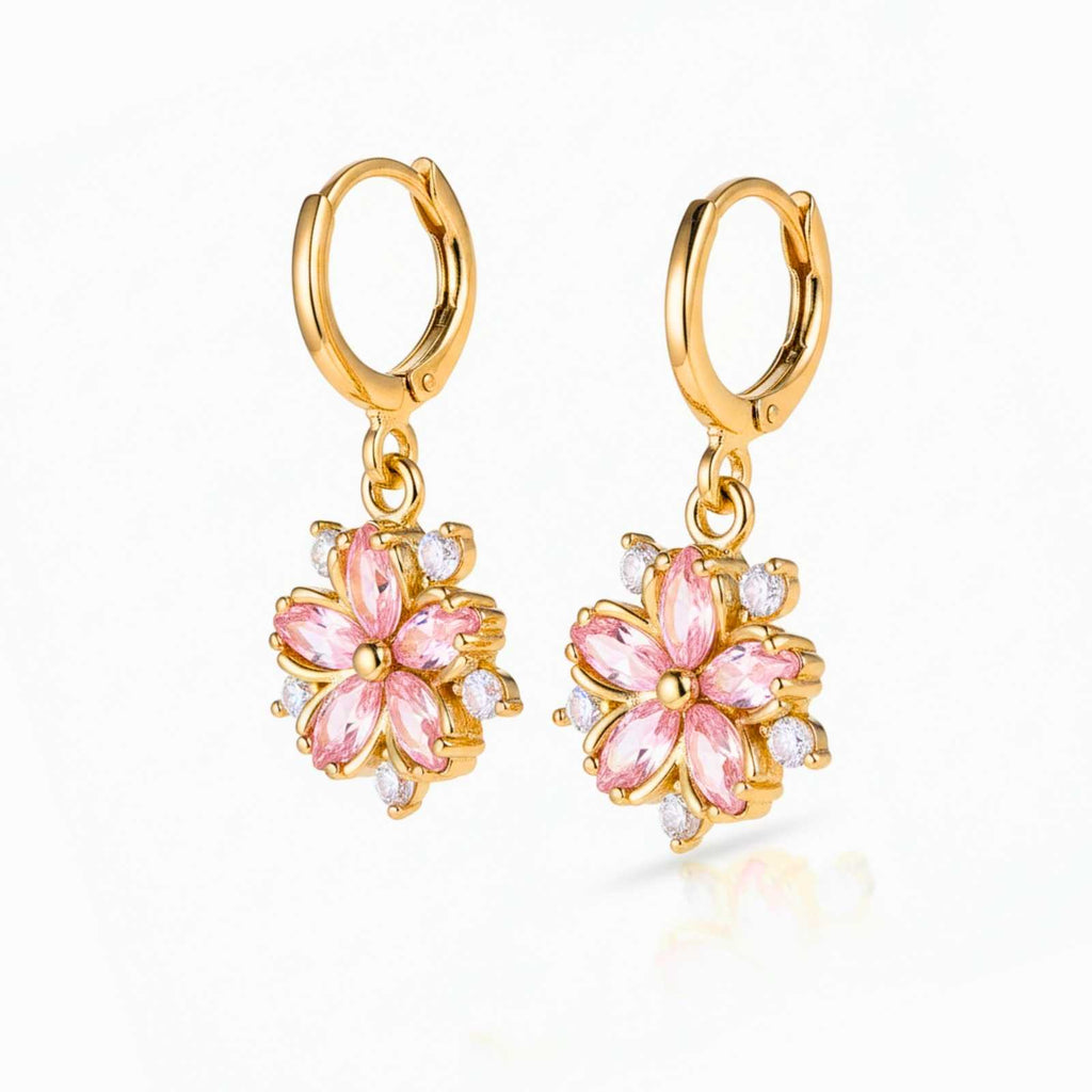 Pink Crystal Flower Gold Plated Drop Earrings For Women