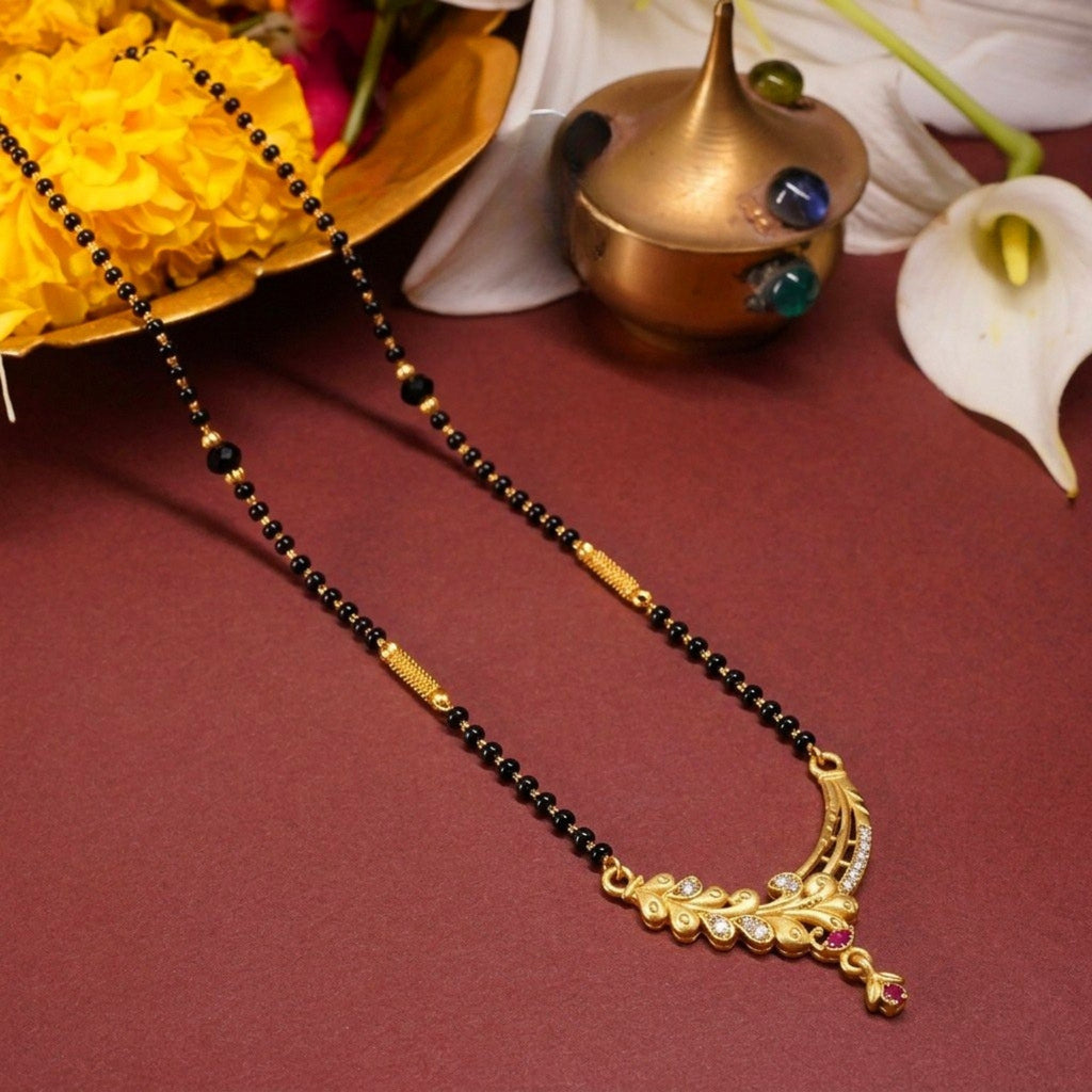 Zavera Sparkling Leaf Charm Gold Plated Mangalsutra