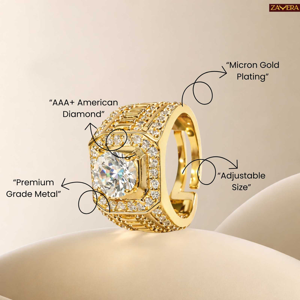 Zavera Gold Plated Royal Square Halo Men's Statement Adjustable Ring