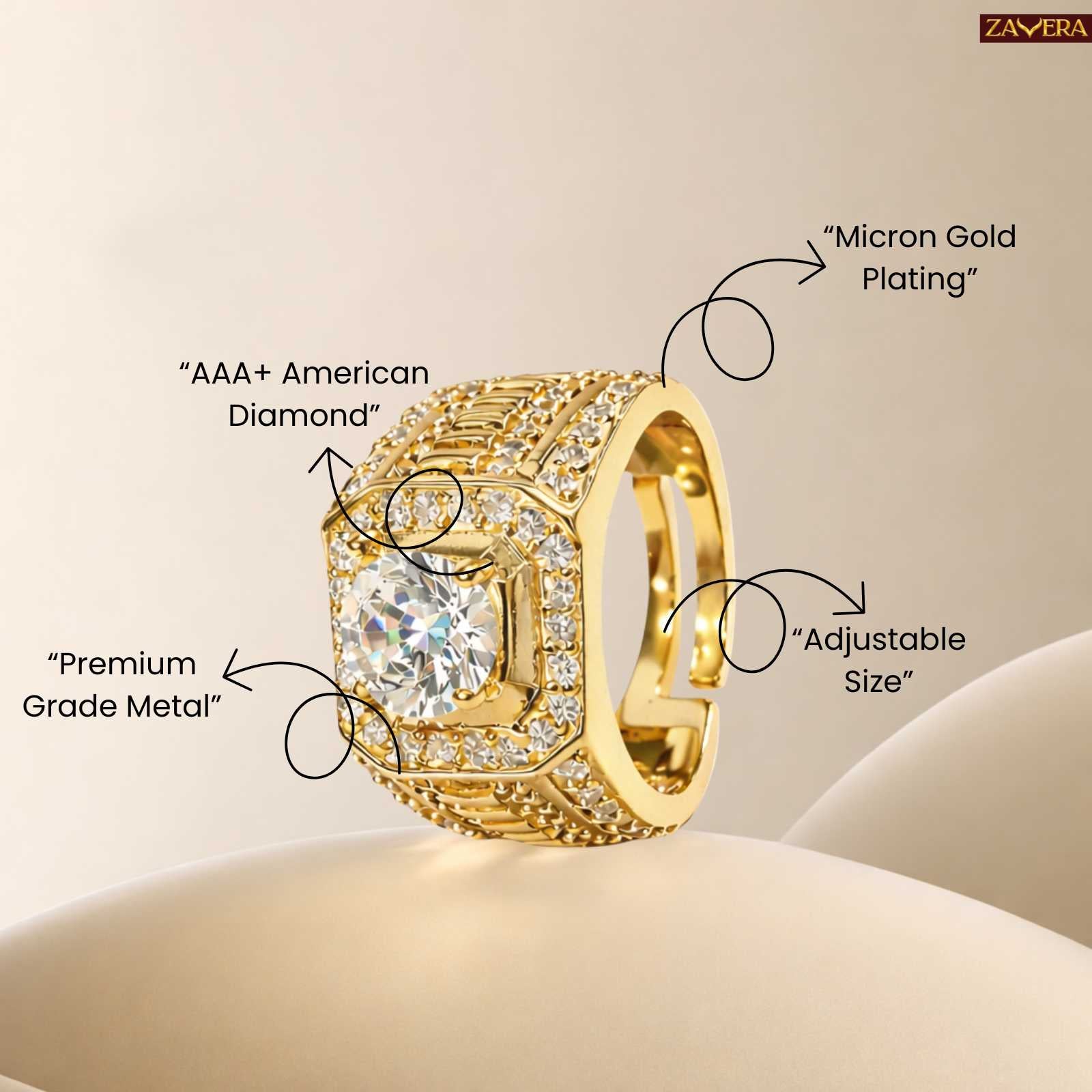 Zavera Gold Plated Royal Square Halo Men's Statement Adjustable Ring