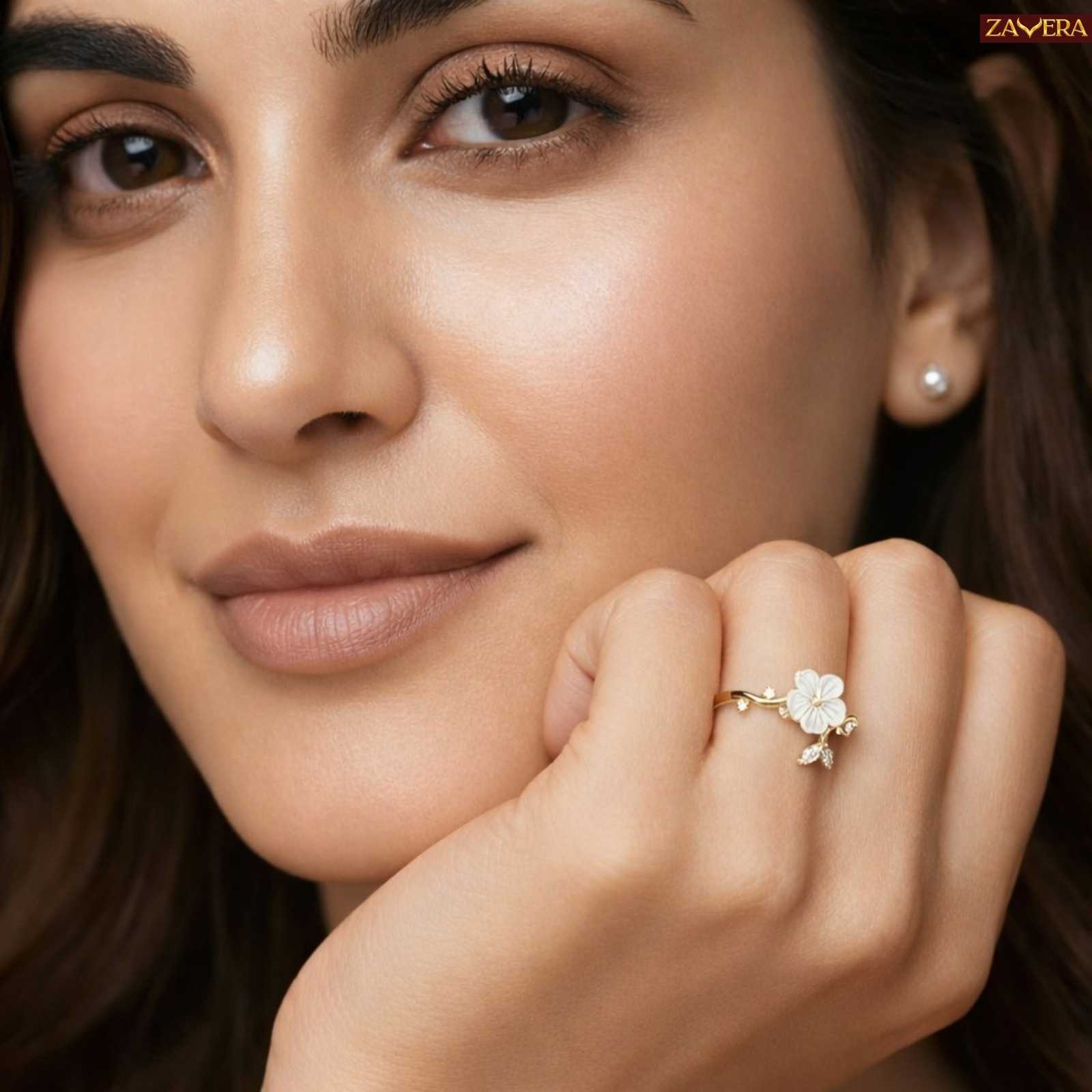 Zavera Gold Plated Pearl Flower Adjustable Ring