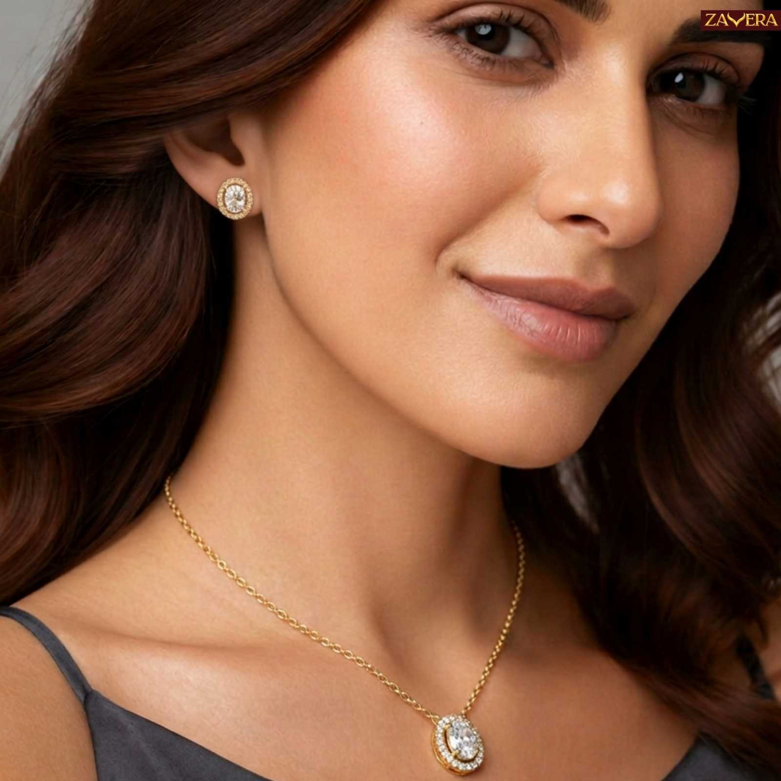Zavera Gold Plated Oval Crystal Halo Pendant Set with Matching Earrings