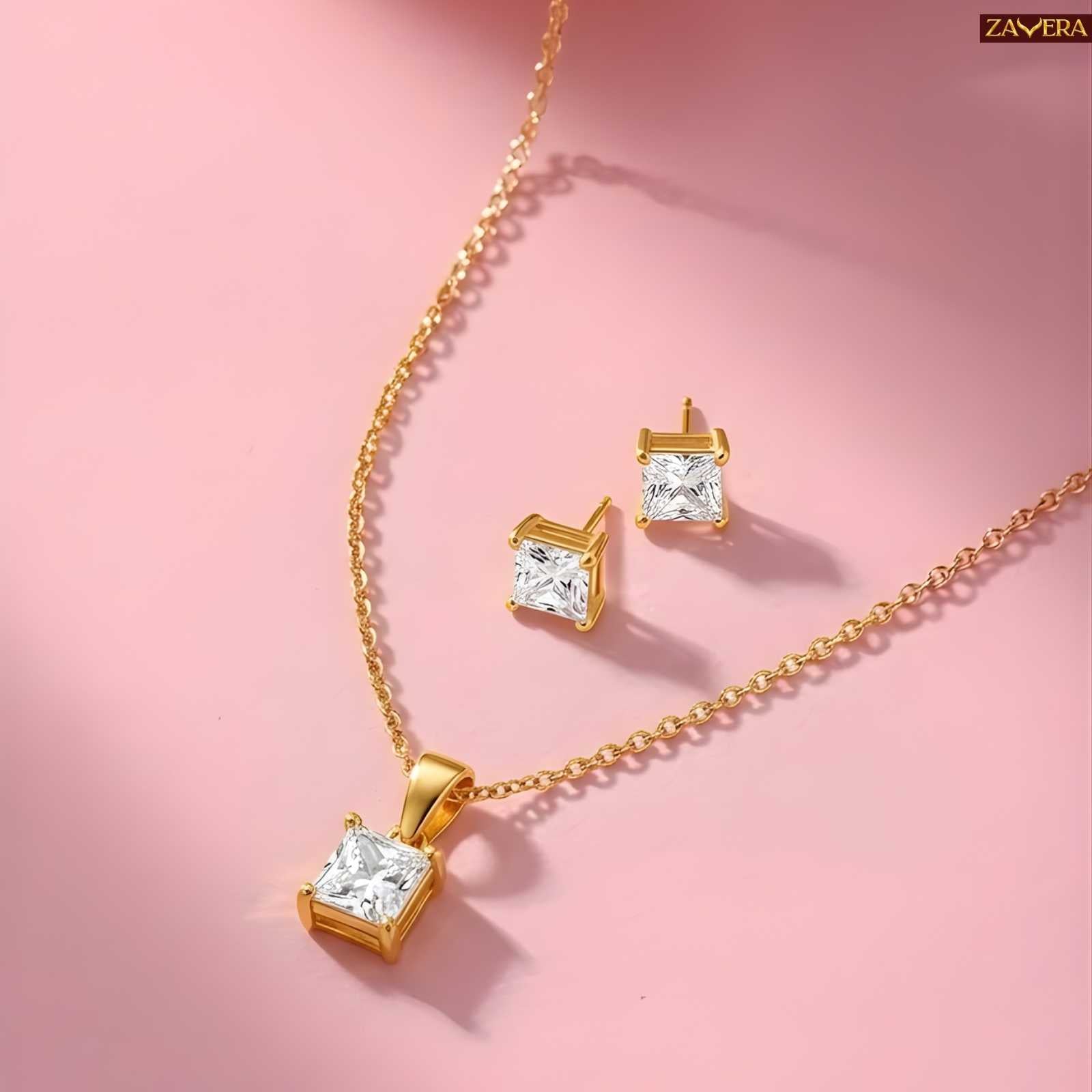 Zavera Square Solitaire Diamond Gold Plated Pendant