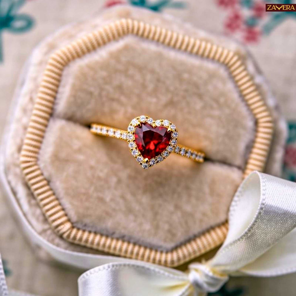 Zavera Gold Plated Ruby Heart Halo Adjustable Ring