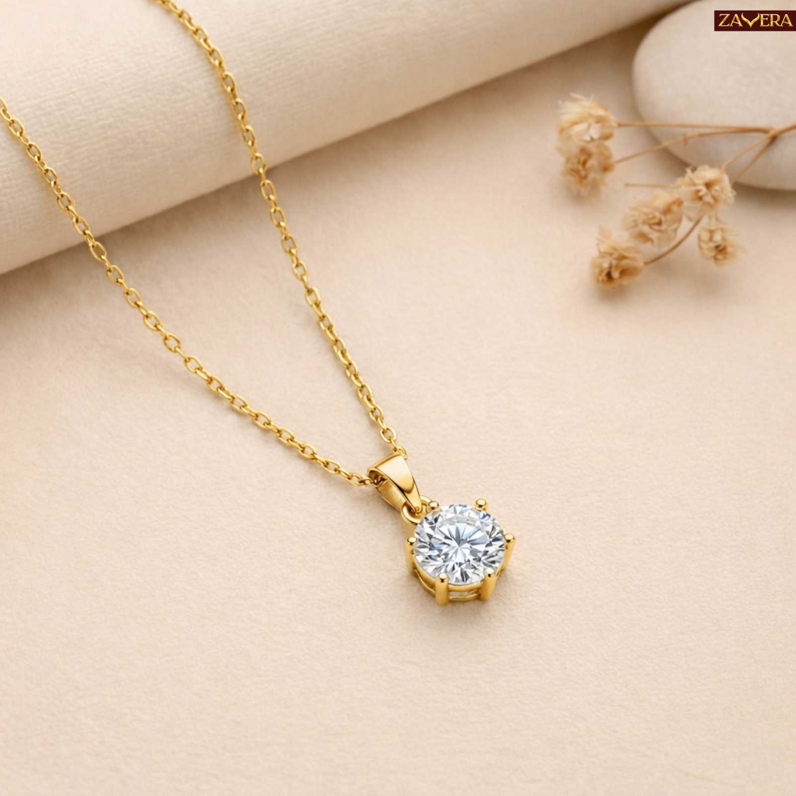 Zavera Round Solitaire Diamond Gold Plated Pendant