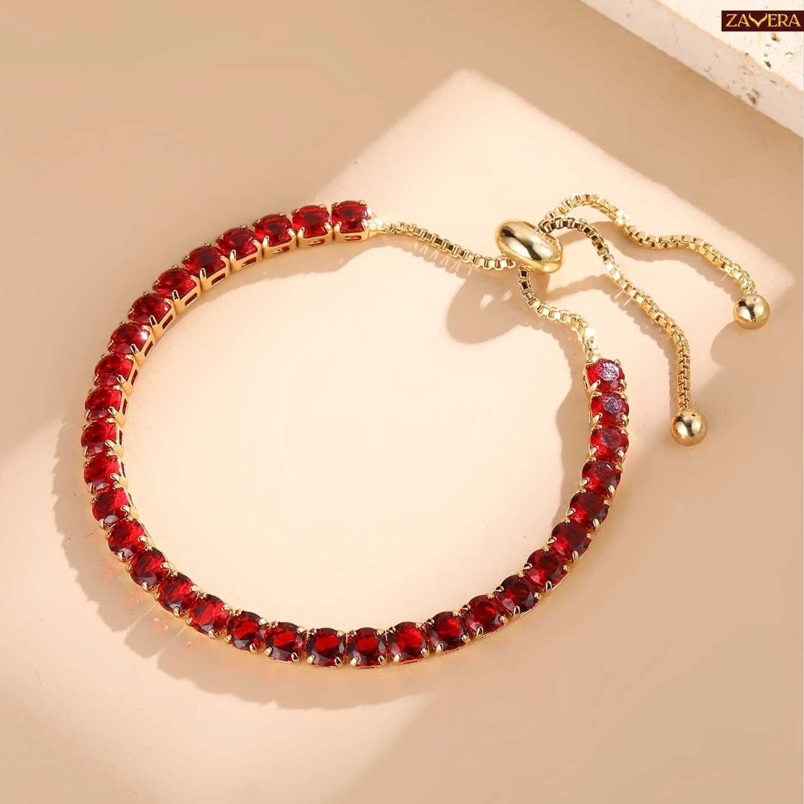Minimal Red Gemstone Gold Plated Bracelet For Women