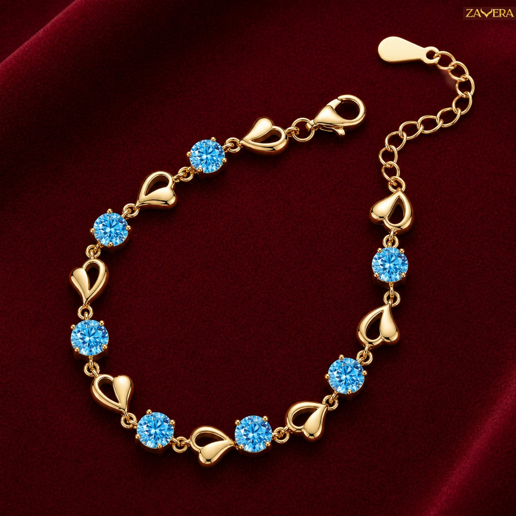 Zavera Gold Plated Aquamarine Blue CZ Heart Link Chain Bracelet for Women
