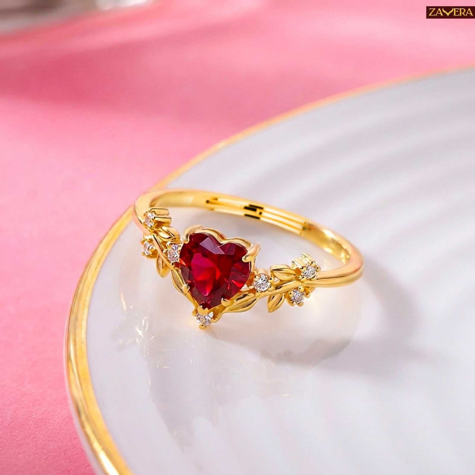 Zavera Gold Plated Floral Heart  Stone Adjustable Ring