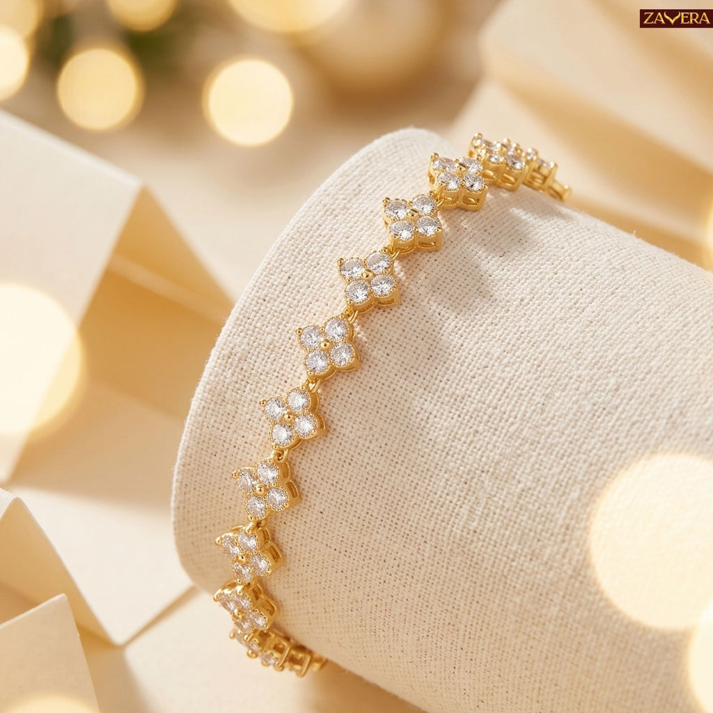 Zavera Gold Plated Floral American Diamond Bracelet for Women