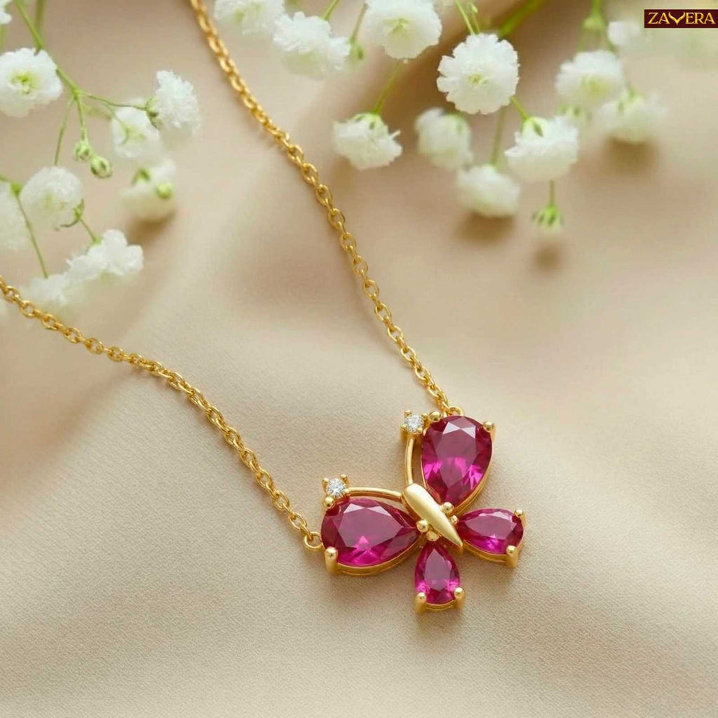 Zavera Gold Plated Pink Crystal Butterfly Pendant