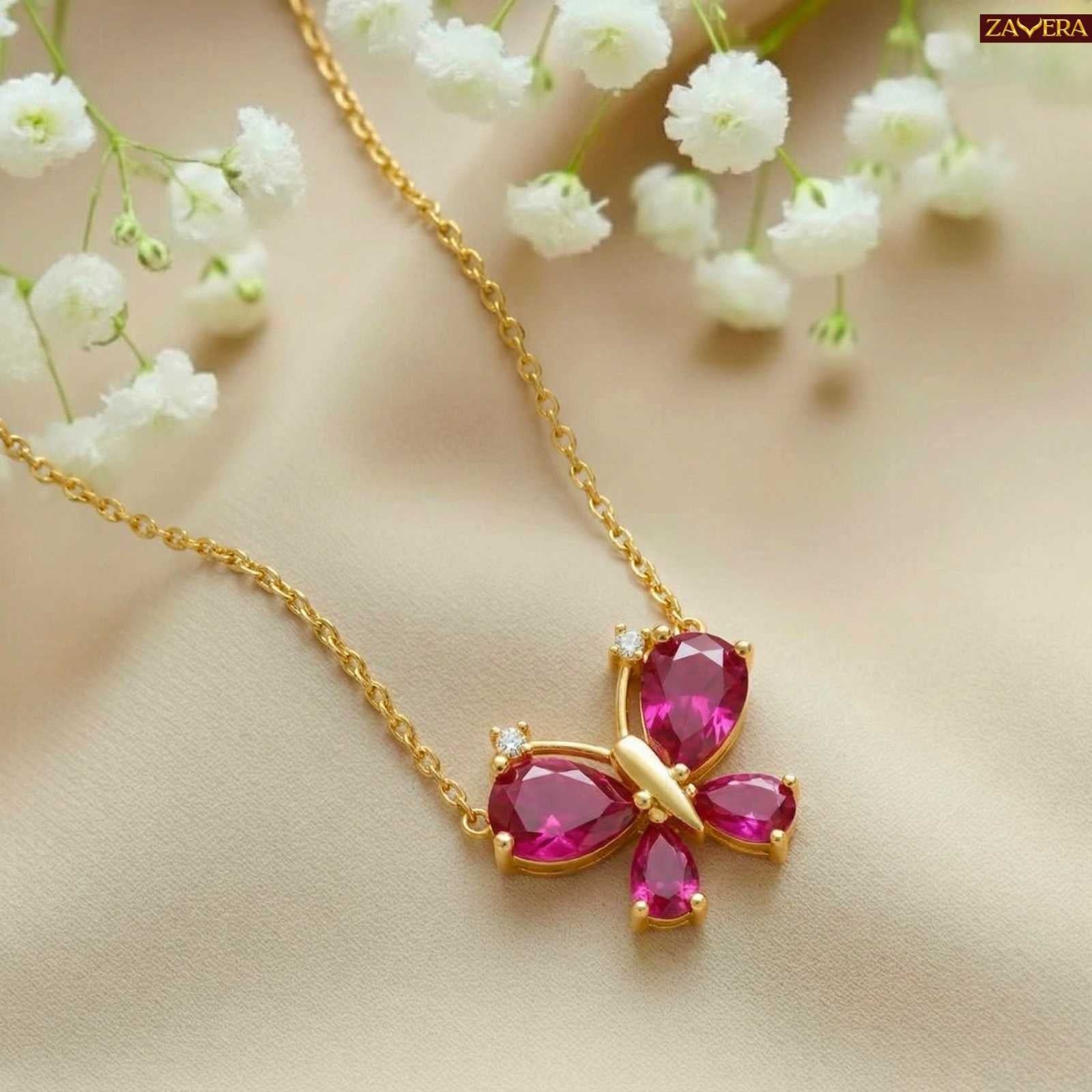 Zavera Gold Plated Pink Crystal Butterfly Pendant