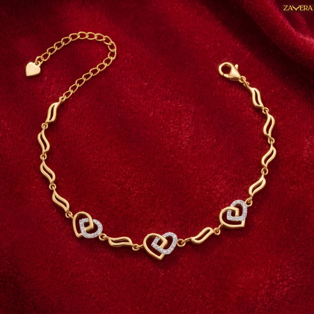 Zavera Gold Plated Interlocking Twin Heart CZ Crystal Charm Bracelet for Women
