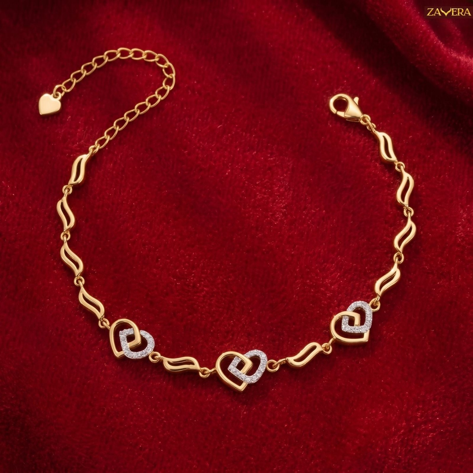 Zavera Gold Plated Interlocking Twin Heart CZ Crystal Charm Bracelet for Women