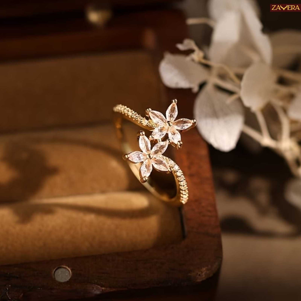 Zavera Gold Plated Double Flower Stone Adjustable Ring