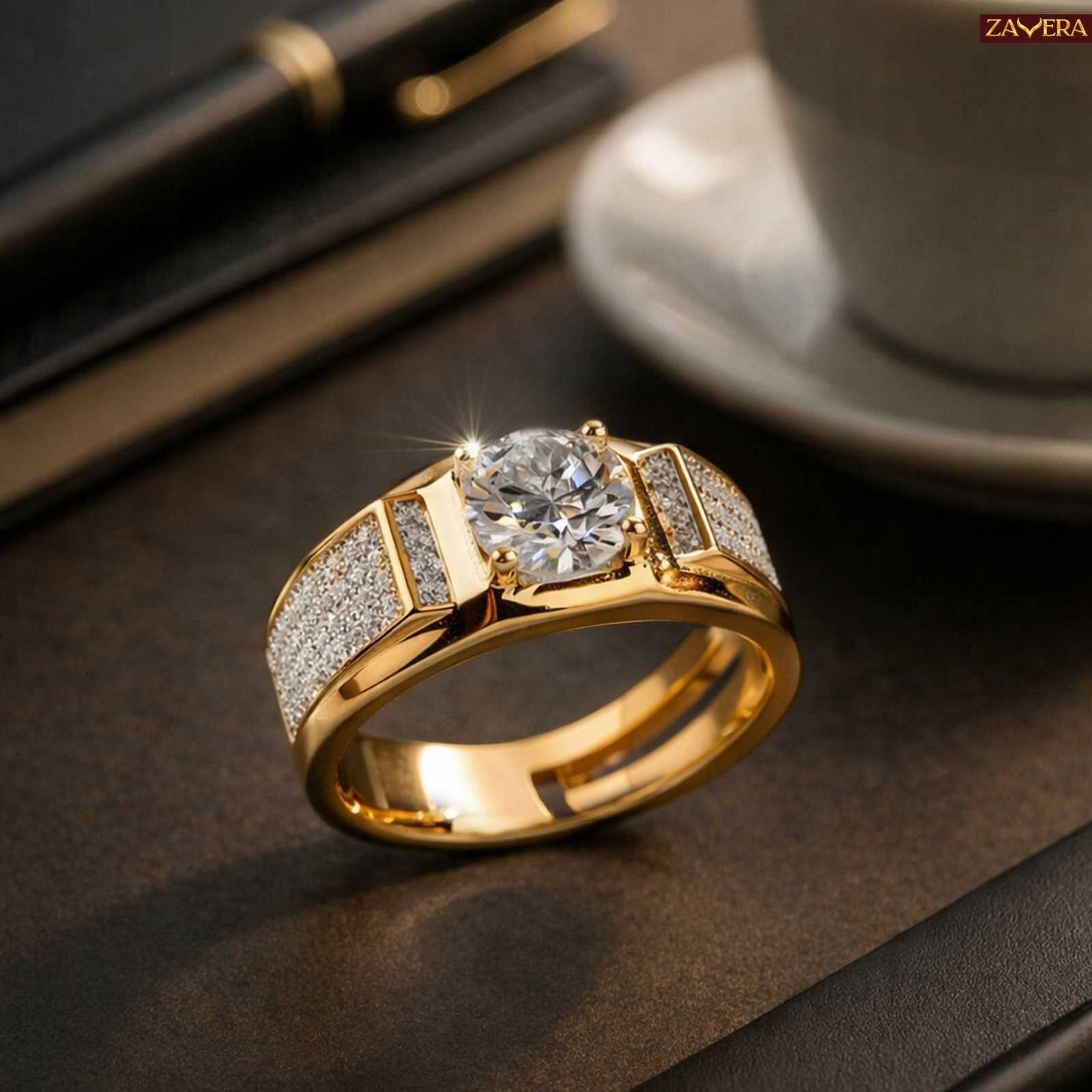 Zavera Gold Plated Bold Solitaire Men's Adjustable Ring
