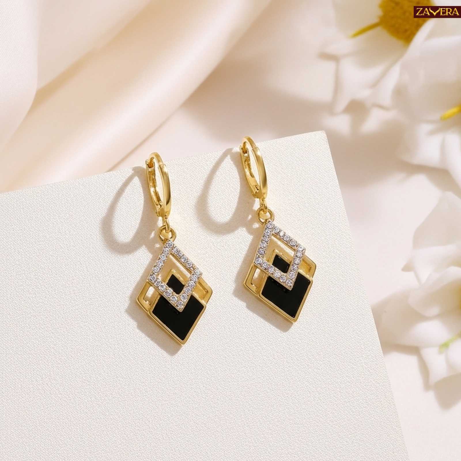 Black Enamel Square Gold Plated Earrings For Women