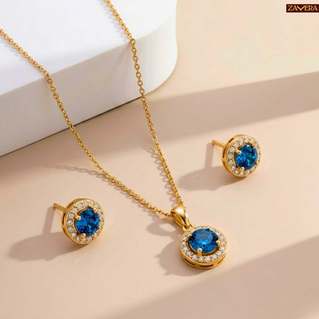 Zavera Blue Stone Halo Diamond Gold Plated Pendant Set with Earrings