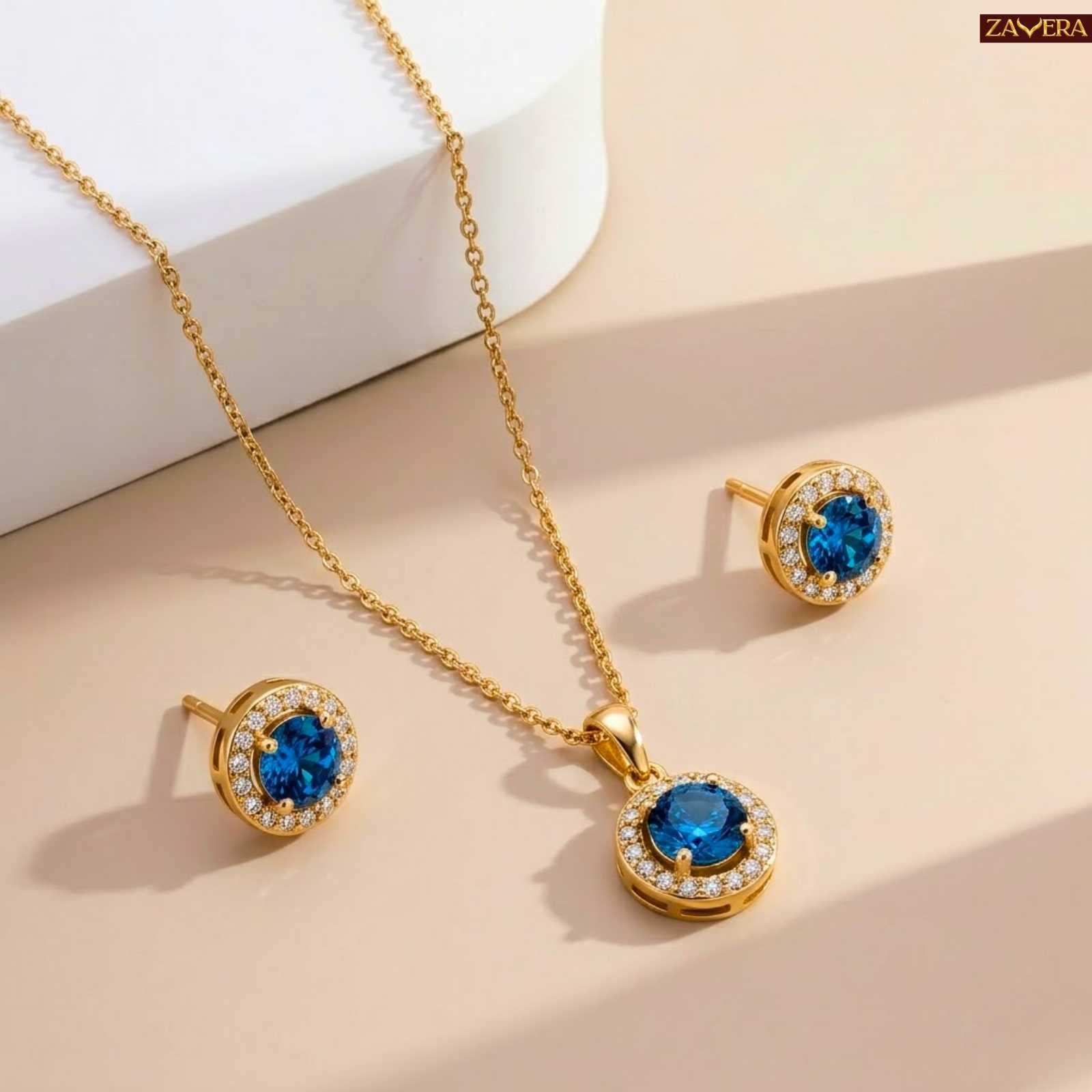 Zavera Blue Stone Halo Diamond Gold Plated Pendant Set with Earrings
