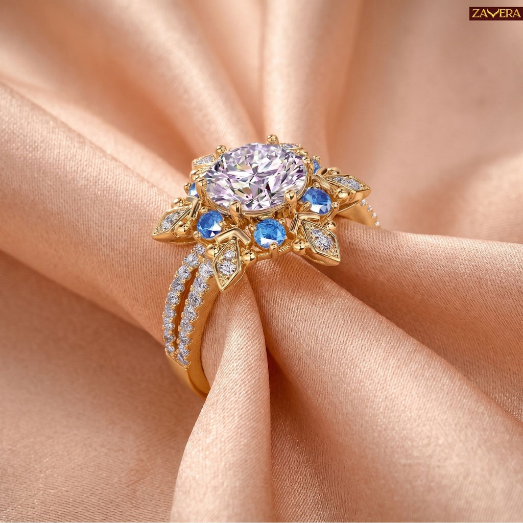 Zavera Brass 22K Adjustable Floral Halo American Diamond Gold Plated Ring For Women