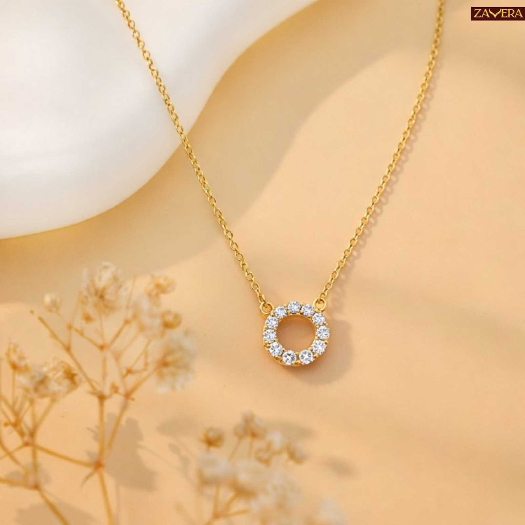 Gold Plated American Diamond Circle Pendant Necklace for Women