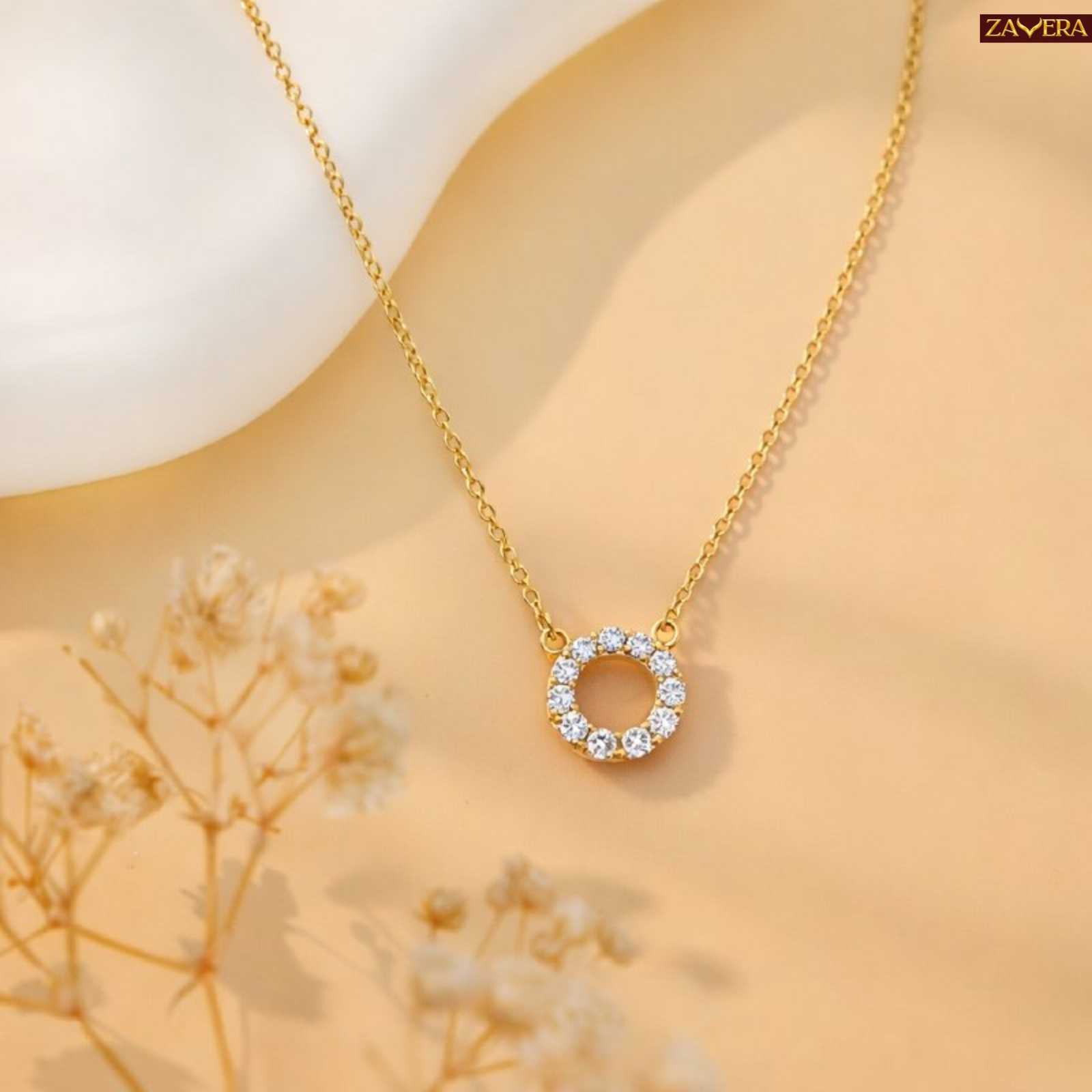 Gold Plated American Diamond Circle Pendant Necklace for Women