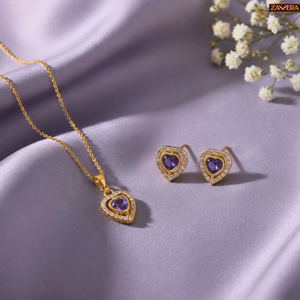Zavera Gold Plated Purple Heart Pendant Necklace & Earrings Set for Women