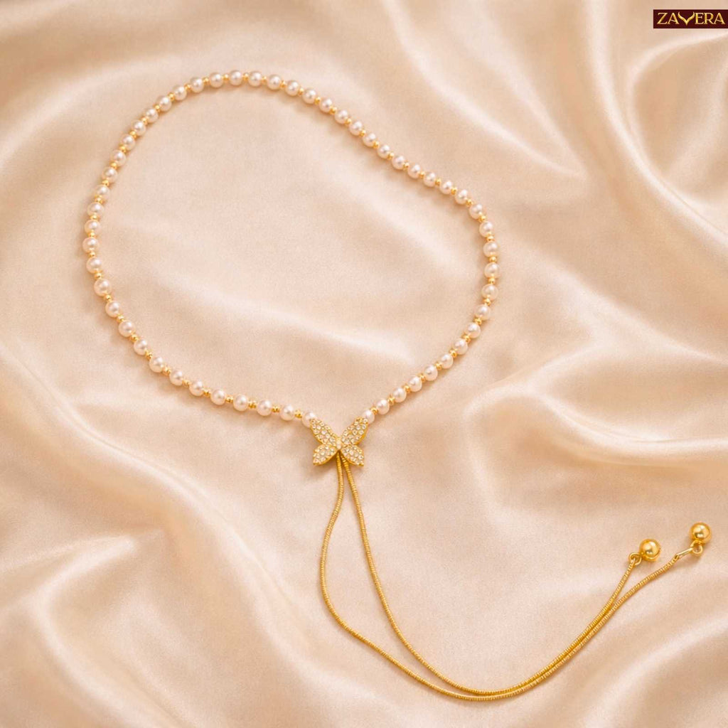 Zavera Butterfly Pearl Chain Diamond Gold Plated Necklace