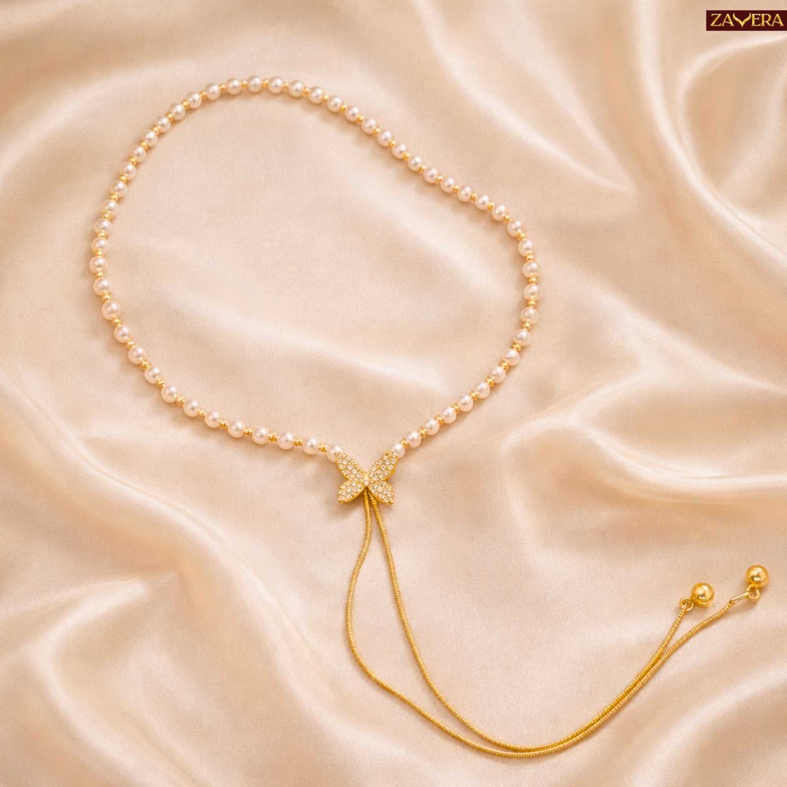 Zavera Butterfly Pearl Chain Diamond Gold Plated Necklace
