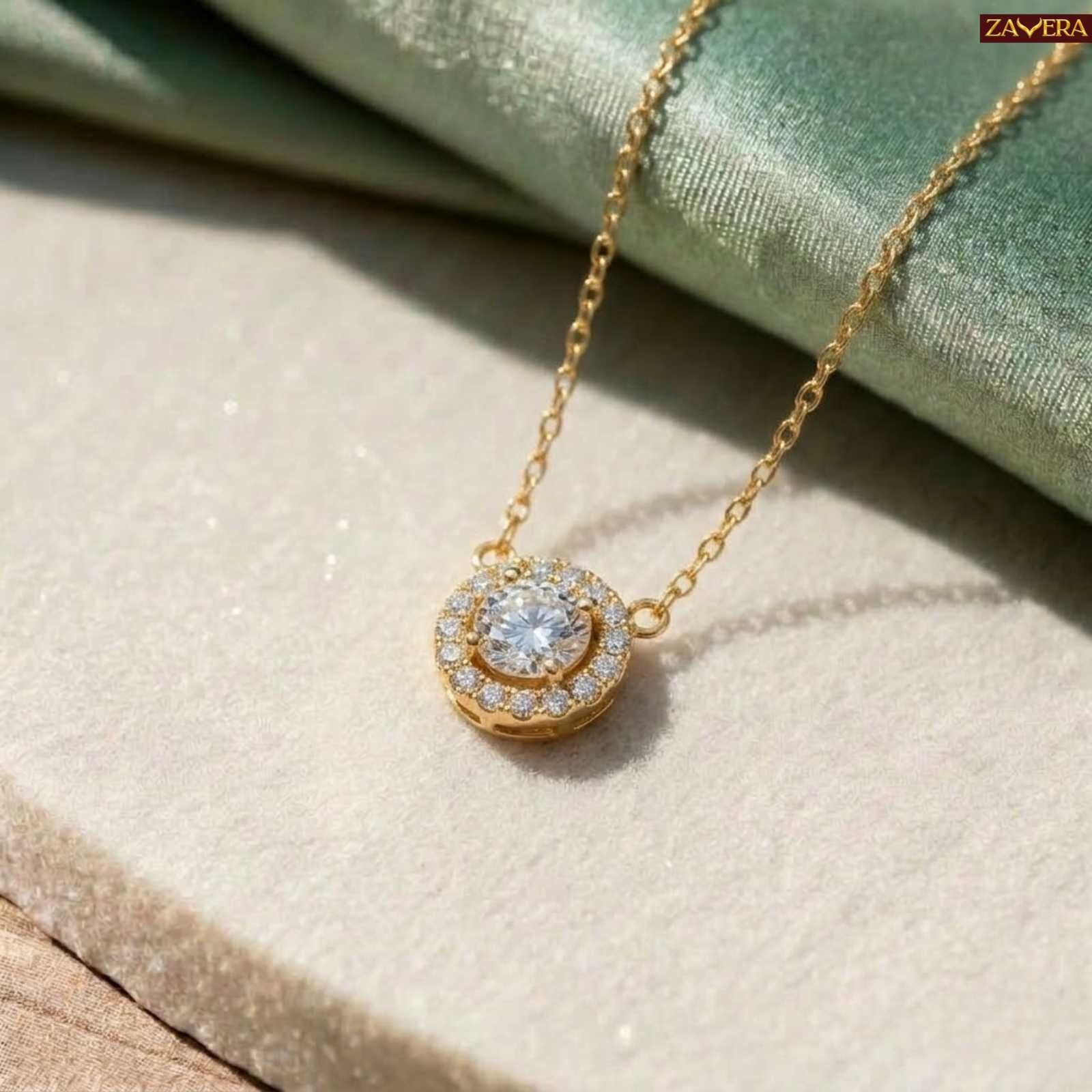 Gold Plated Halo American Diamond Pendant Necklace for Women
