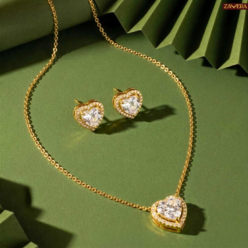 Zavera Gold Plated Crystal Heart Halo Pendant & Stud Earrings Pendant Set