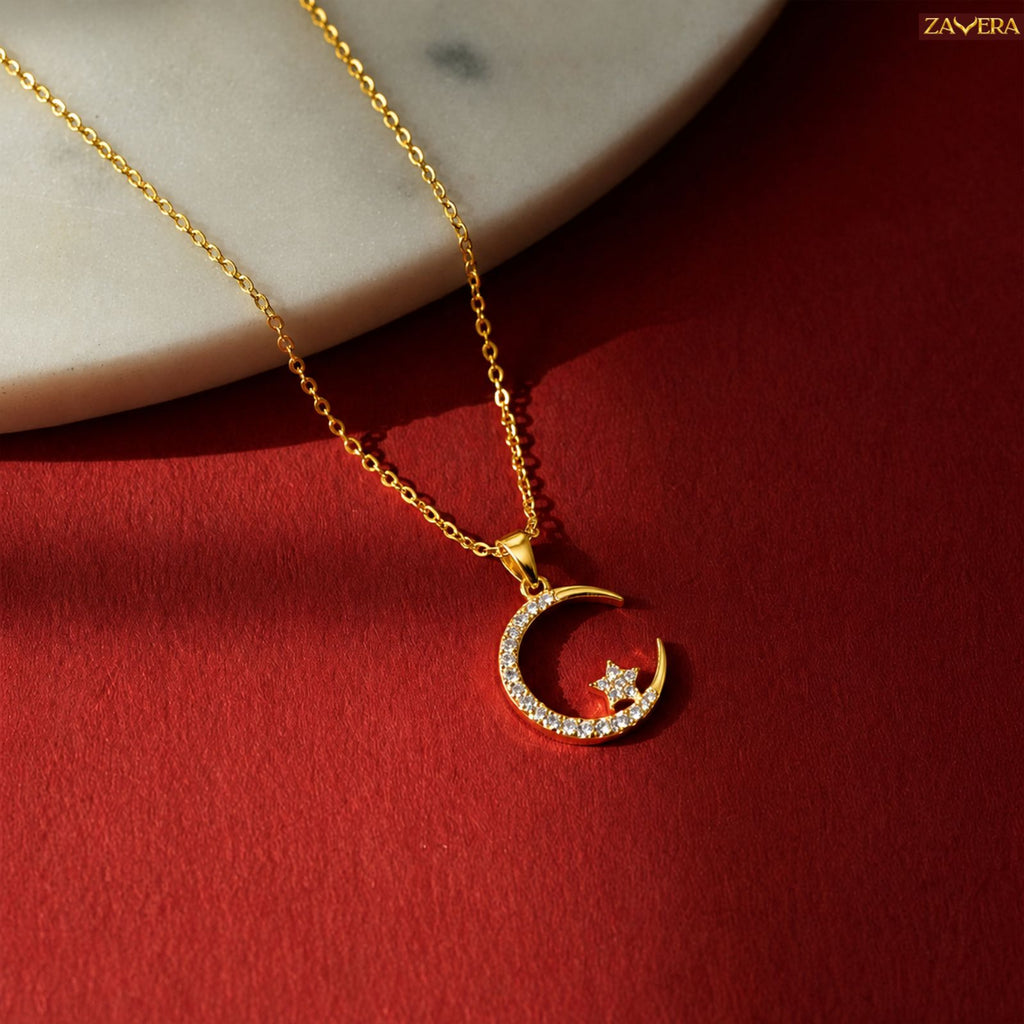 Zavera Gold Plated Celestial Moon Star Diamond Pendant For Women