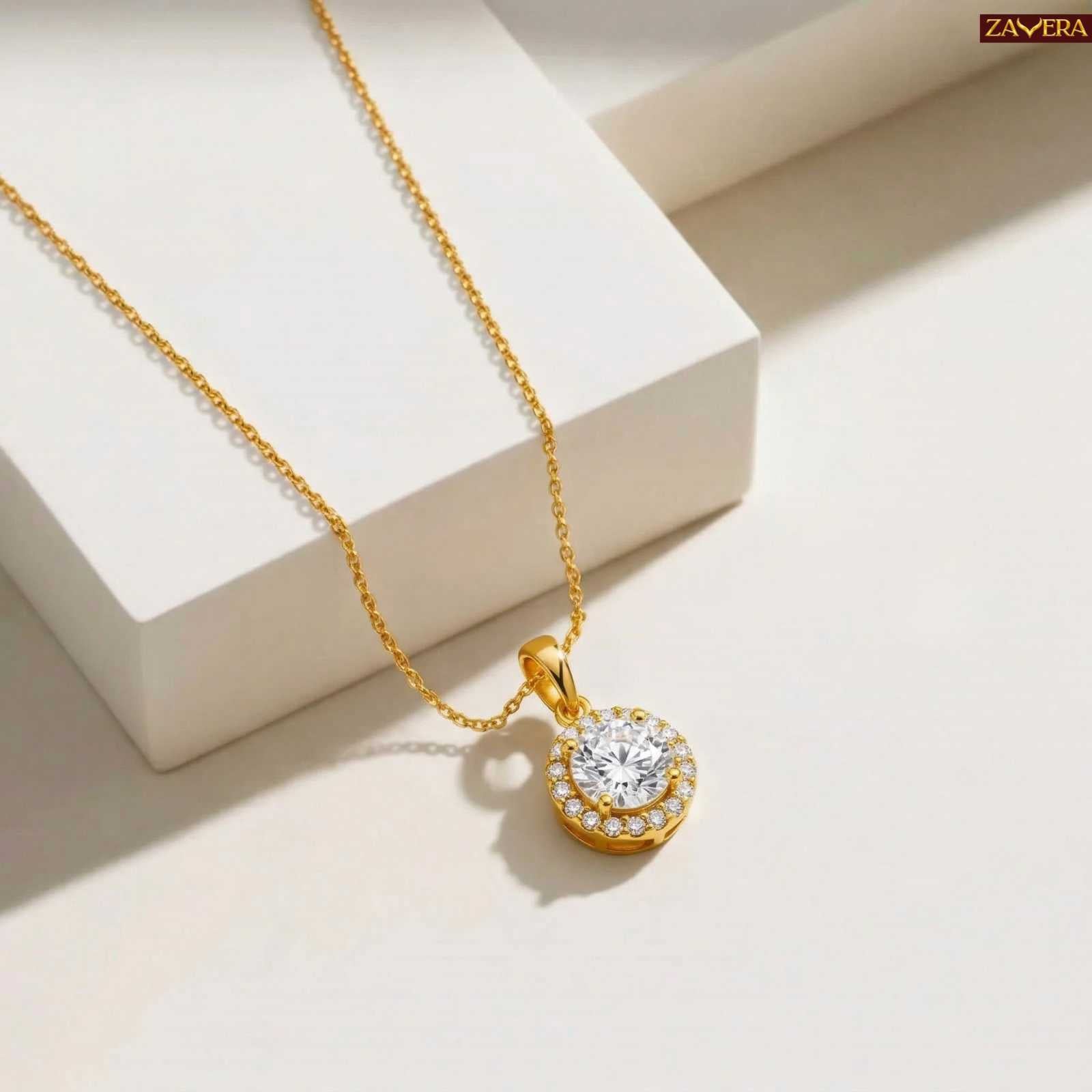 Zavera Round Halo Crystal Pendant Gold Plated