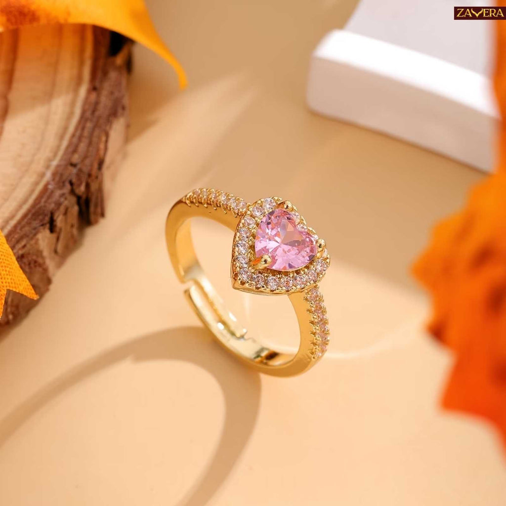 Zavera Gold Plated Pink Heart Adjustable Ring