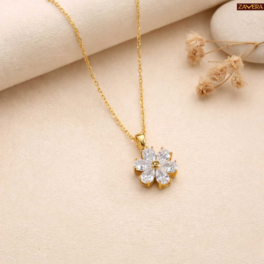Silver Tone American Diamond Flower Pendant for Women