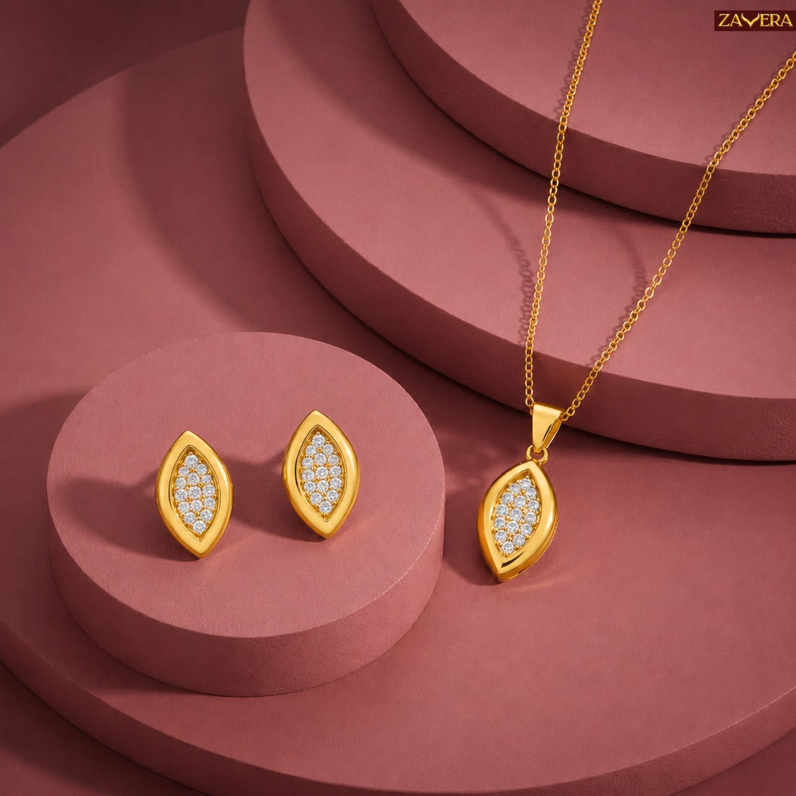 Zavera Pave Crystal Eye-Shaped Gold Pendant and Earring Set for Women