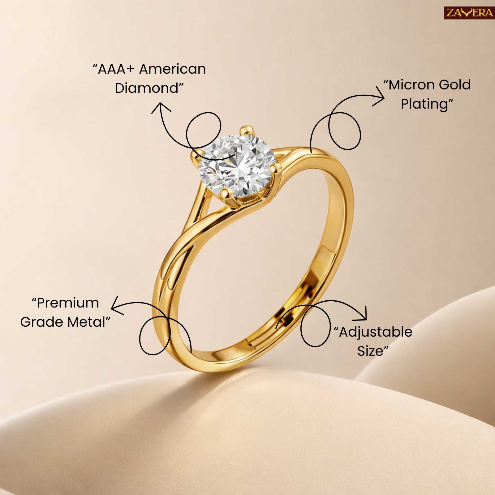 Zavera Gold Plated Twisted Band Stone Adjustable Ring