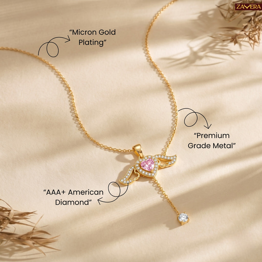 Zavera Gold Plated Pink Heart Angel Wing Pendant for Women