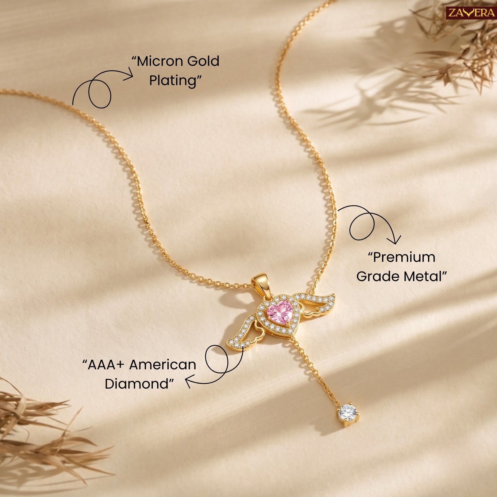 Zavera Gold Plated Pink Heart Angel Wing Pendant for Women