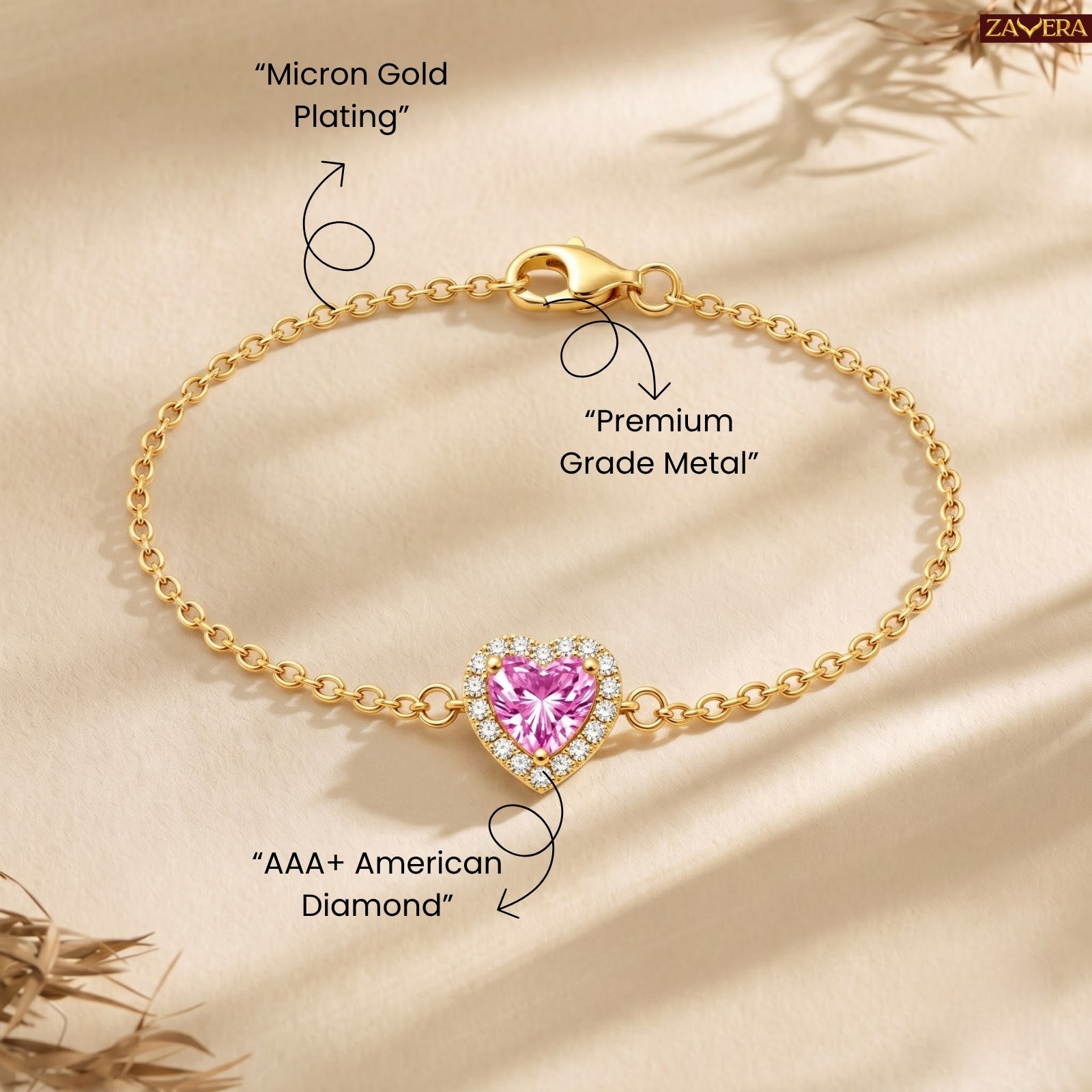 Zavera Gold Plated Pink Heart Bracelet for Women