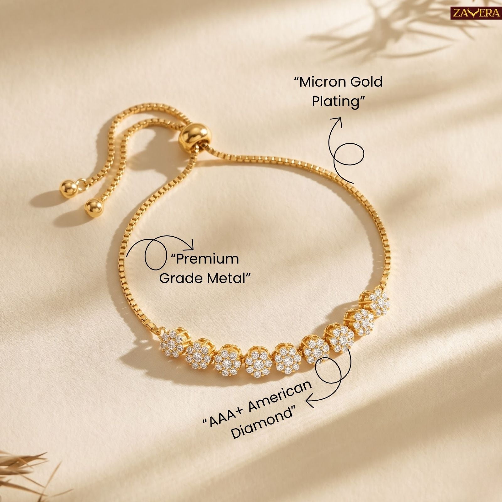 Zavera Gold Plated Round Floral Pave CZ Cluster Adjustable Bolo Bracelet for Women