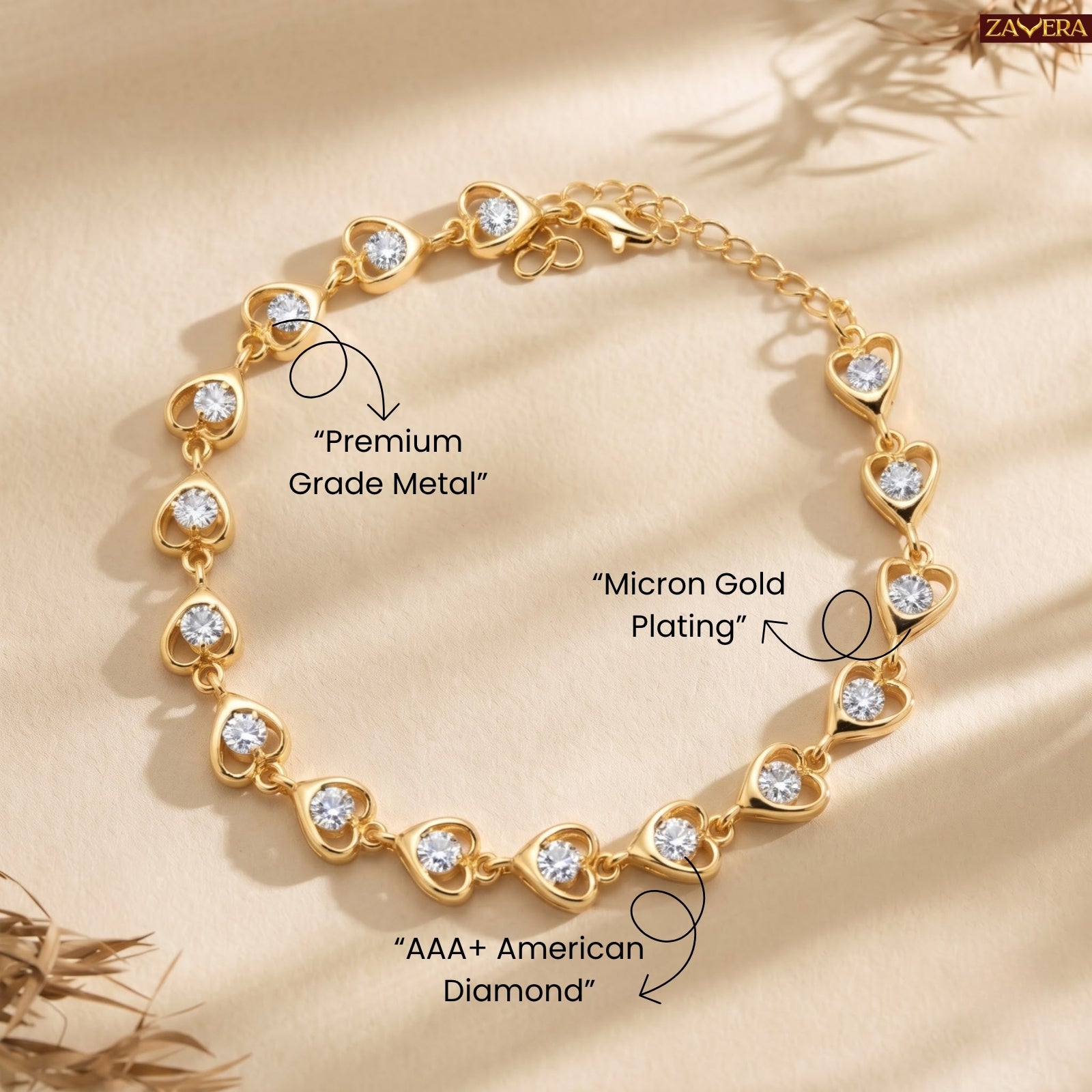 Zavera Gold Plated Elegant Heart Link Bracelet for Women