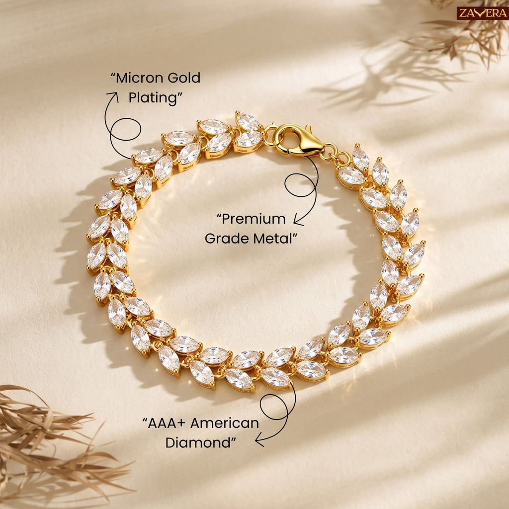 Zavera Gold Plated Marquise CZ Crystal Leaf Laurel Tennis Bracelet for Women