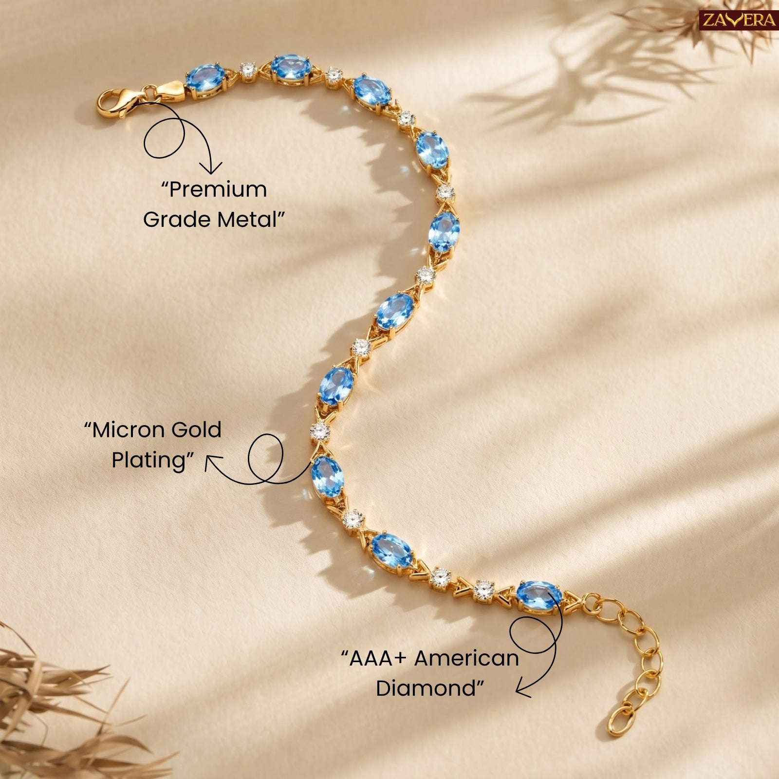 Zavera Gold Plated Elegant Blue Crystal Bracelet for Women