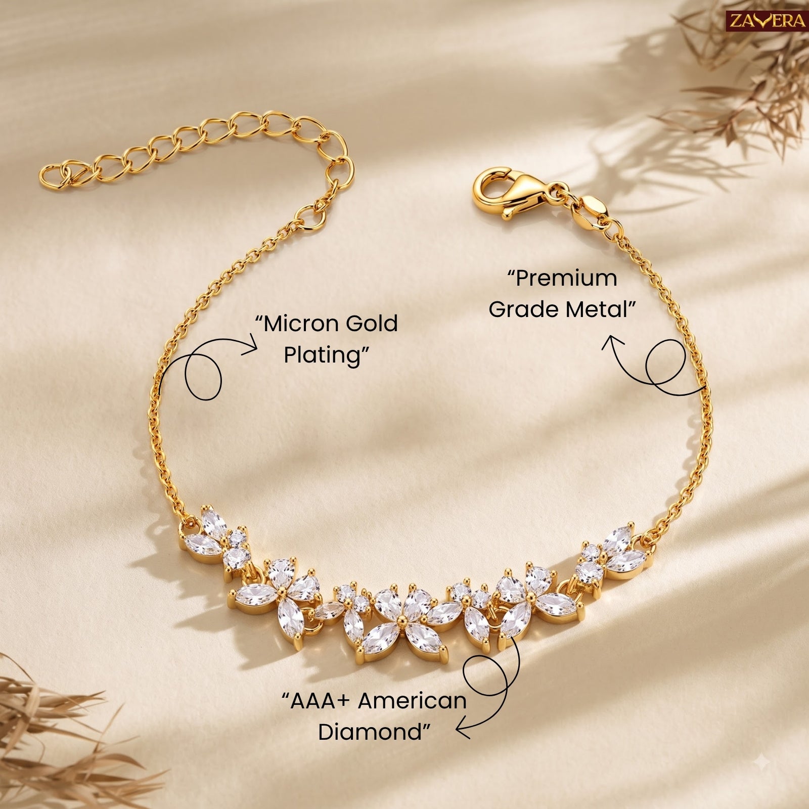 Zavera Gold Plated Marquise CZ Floral Cluster Vine Bracelet for Women