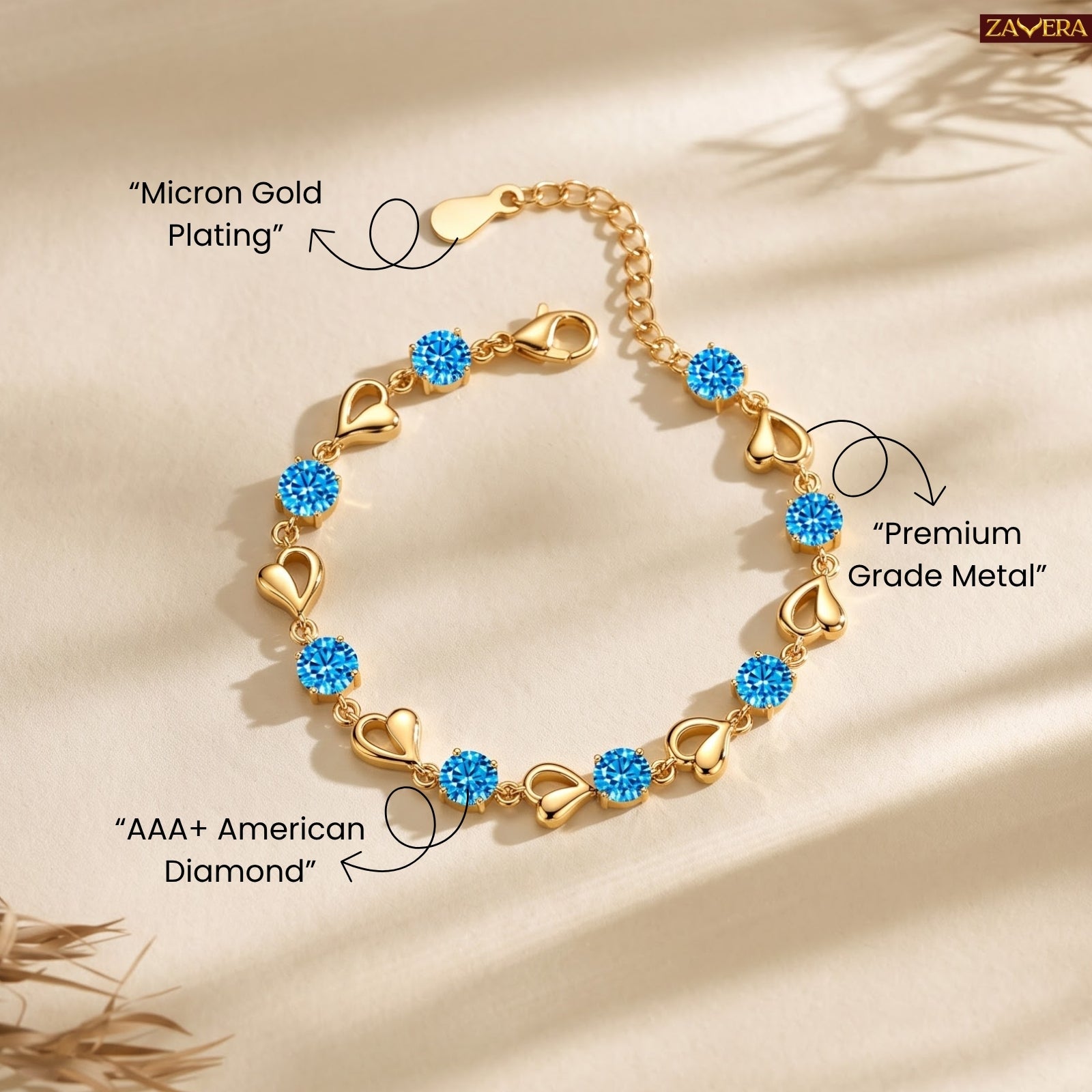 Zavera Gold Plated Aquamarine Blue CZ Heart Link Chain Bracelet for Women