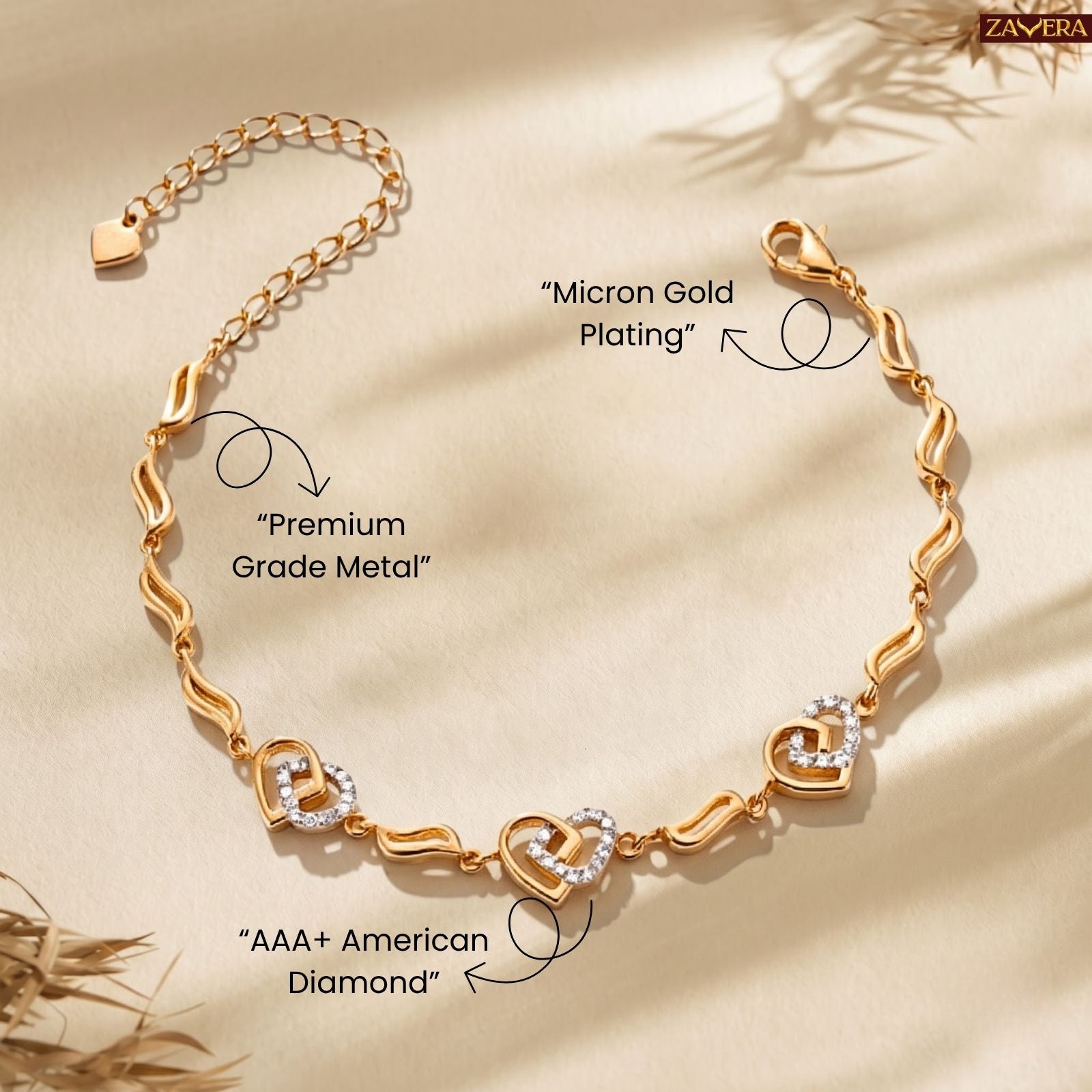 Zavera Gold Plated Interlocking Twin Heart CZ Crystal Charm Bracelet for Women