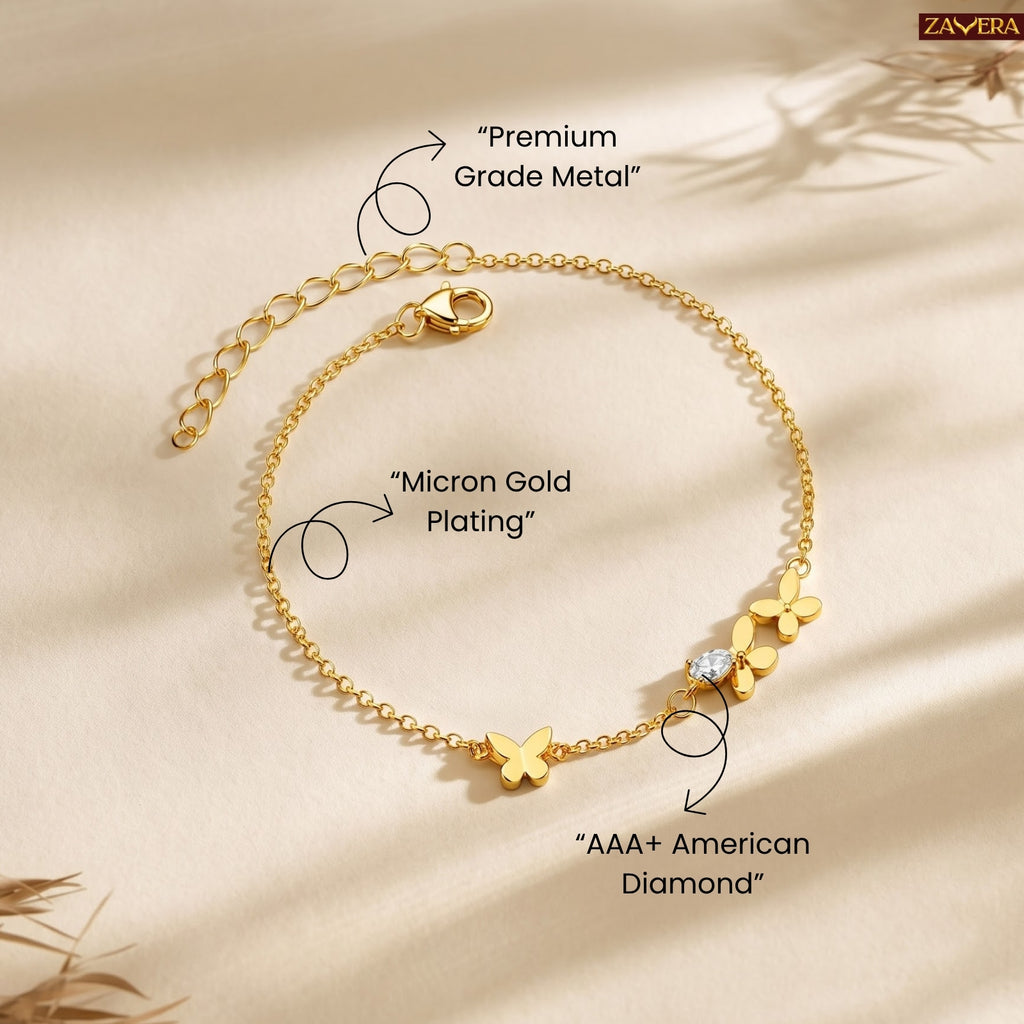 Zavera Gold Plated Playful Butterfly Charm CZ Chain Bracelet for Women