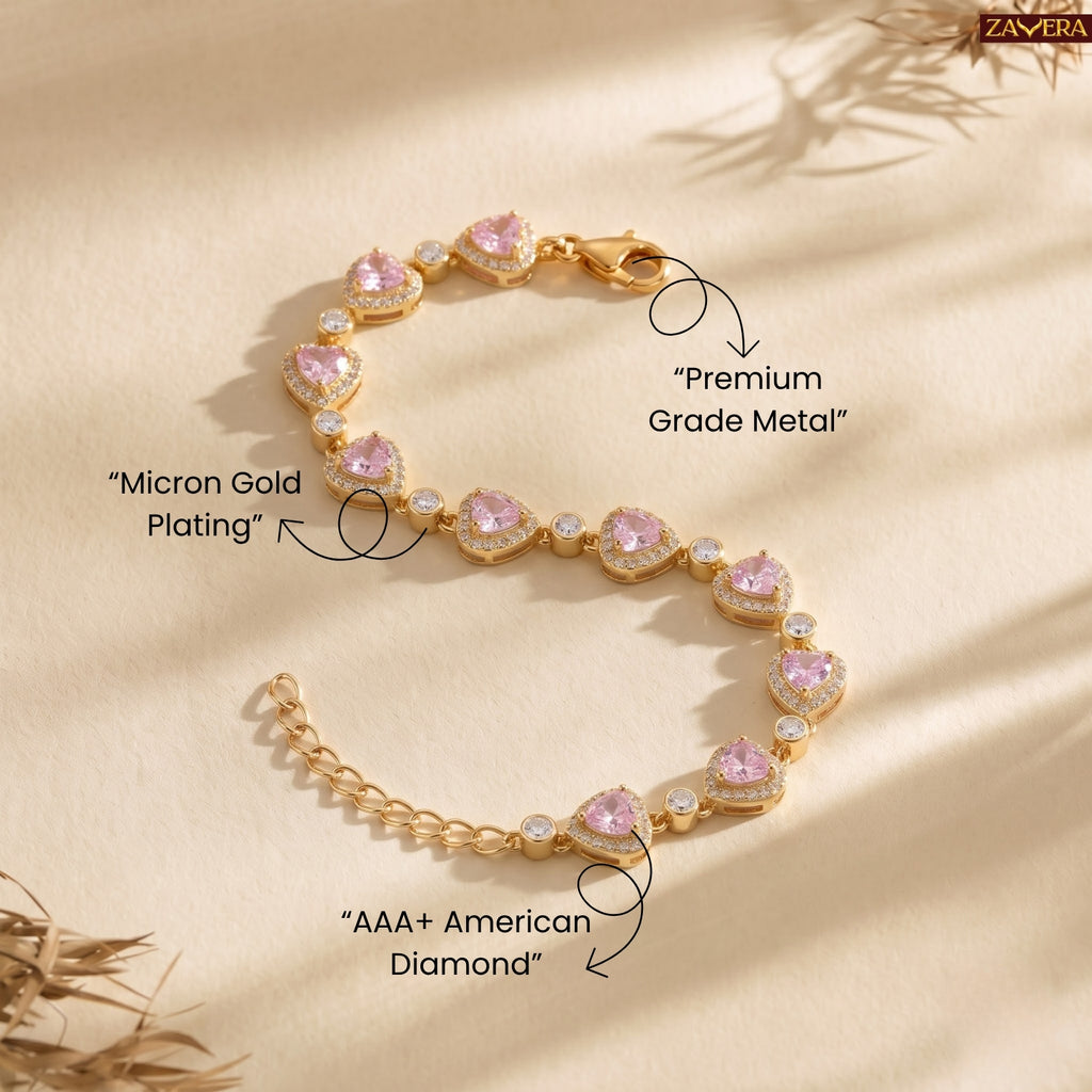 Zavera Gold Plated Pink Heart American Diamond Bracelet for Women