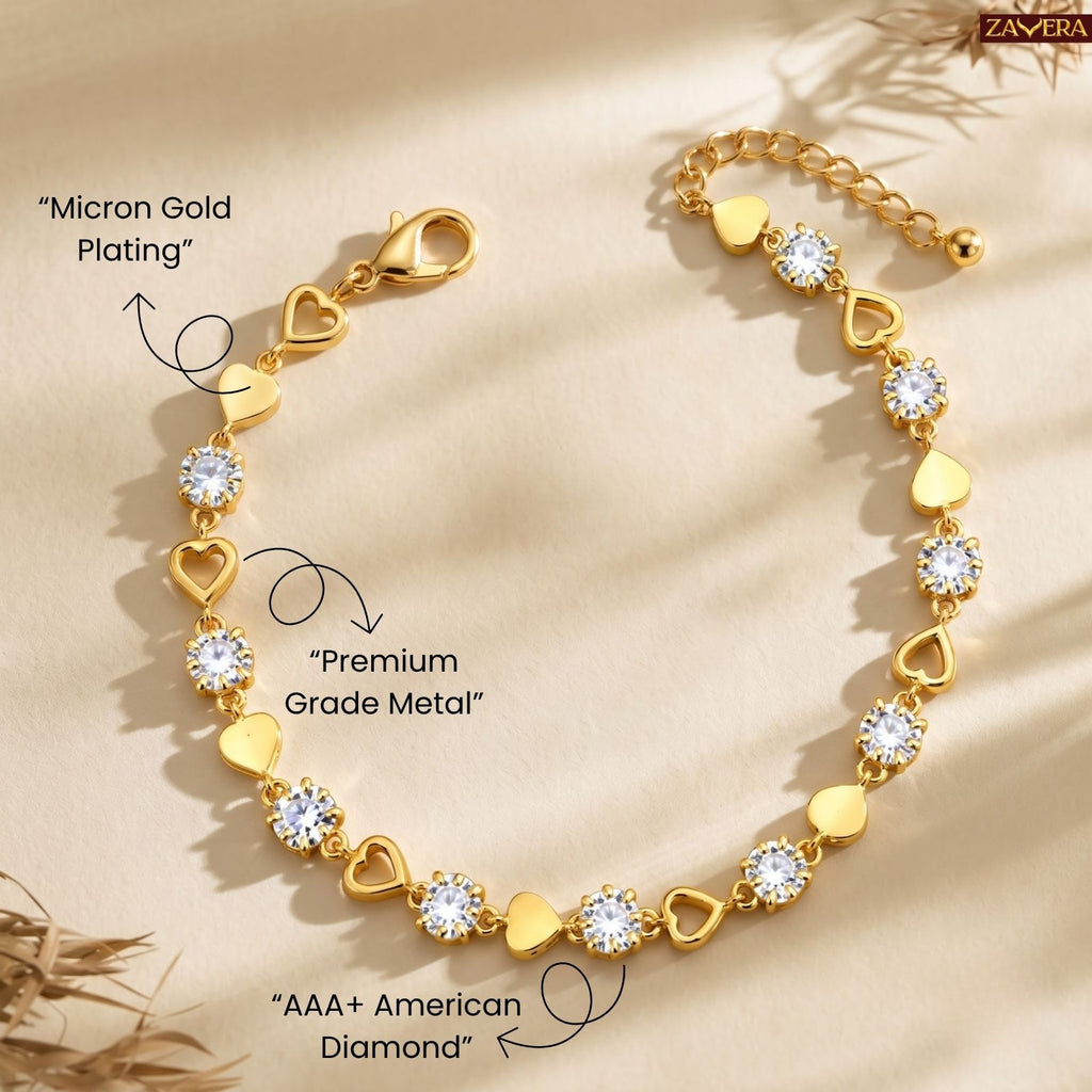 Zavera Gold Plated CZ Crystal Heart Link Bracelet for Women